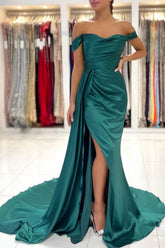 Simple Long Dark Green Off-the-shoulder Slit Mermaid Prom Evening Dresses